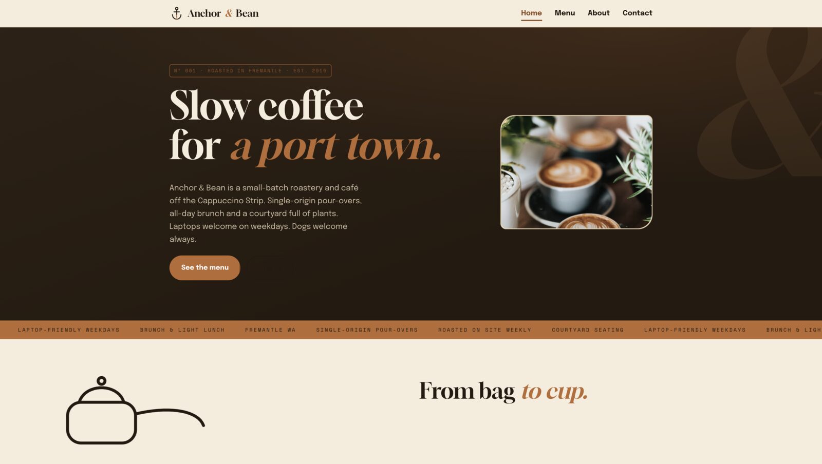 Anchor & Bean café website, showing a dark hero with a coffee photo and the headline Slow coffee for a port town.