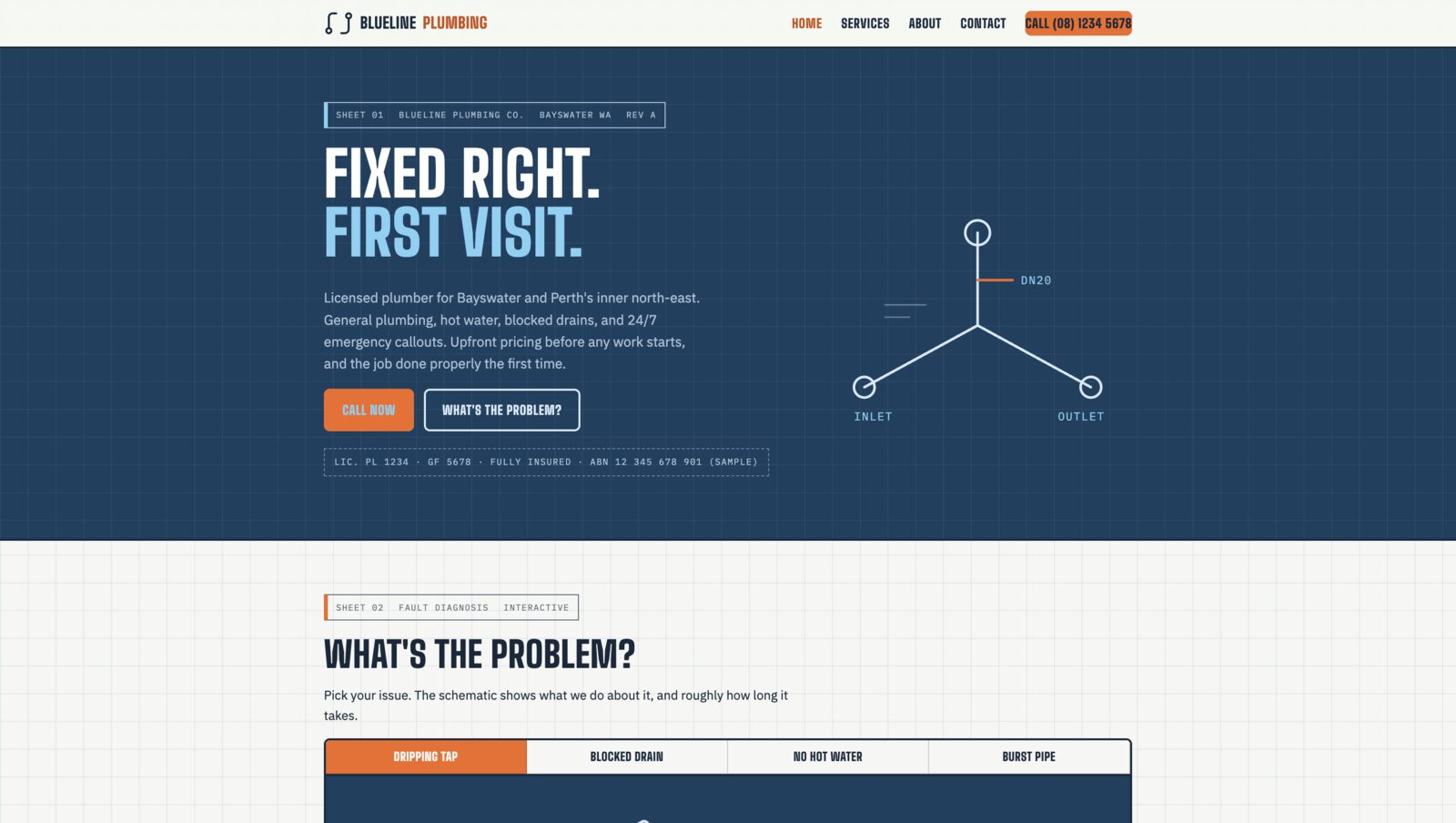 Blueline Plumbing website, showing a navy blueprint-style hero with the headline Fixed right, first visit.