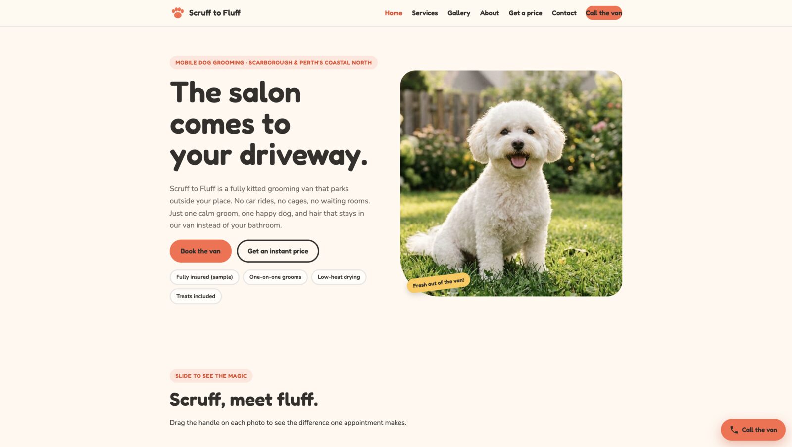 Scruff to Fluff mobile dog grooming website, showing a photo of a groomed poodle and the headline The salon comes to your driveway.
